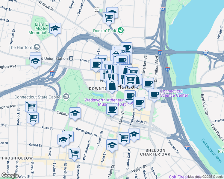map of restaurants, bars, coffee shops, grocery stores, and more near 111 Pearl Street in Hartford