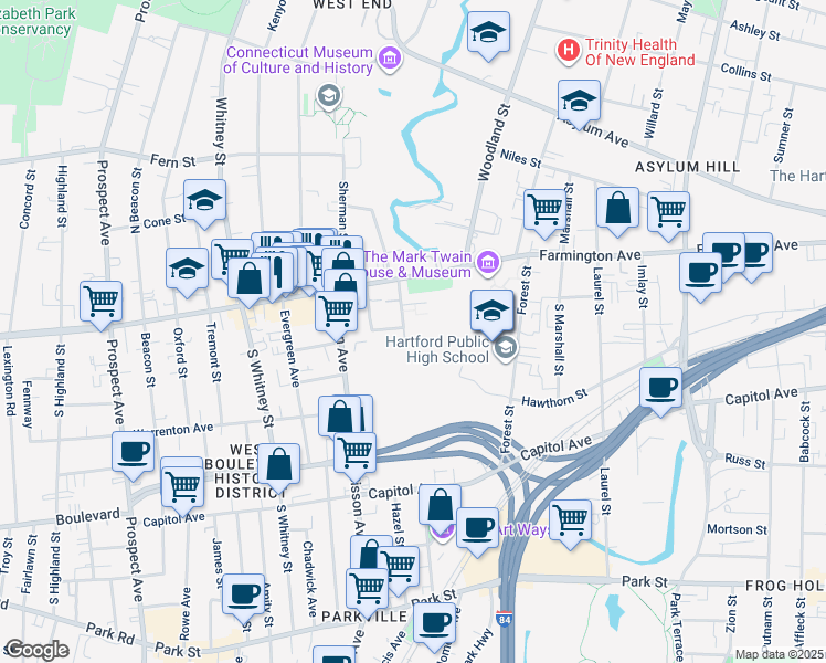 map of restaurants, bars, coffee shops, grocery stores, and more near 25 Owen Street in Hartford