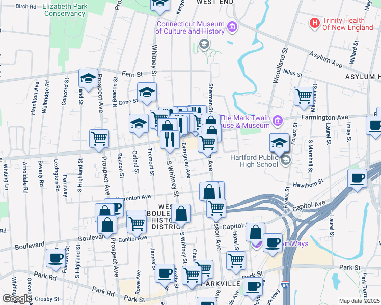 map of restaurants, bars, coffee shops, grocery stores, and more near 9 Evergreen Avenue in Hartford