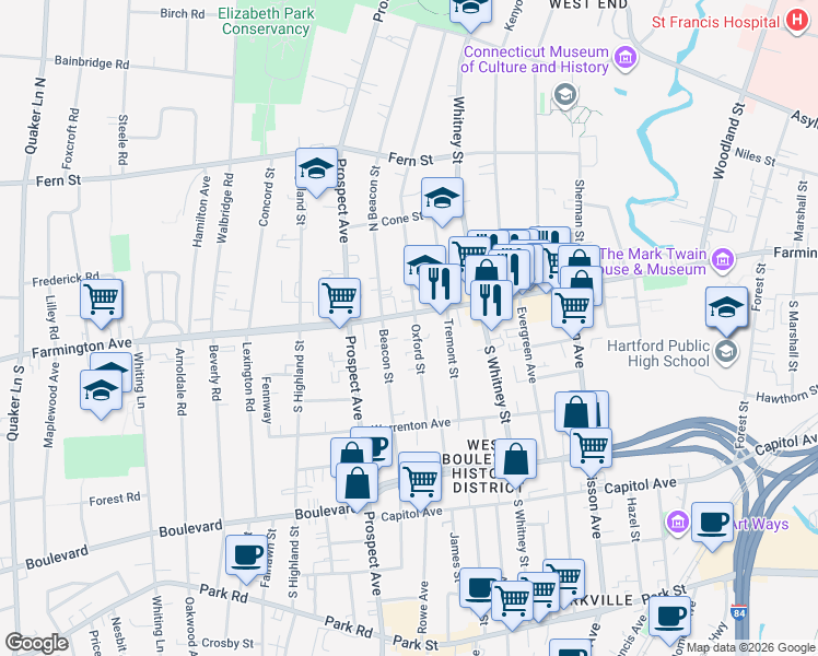 map of restaurants, bars, coffee shops, grocery stores, and more near in Hartford