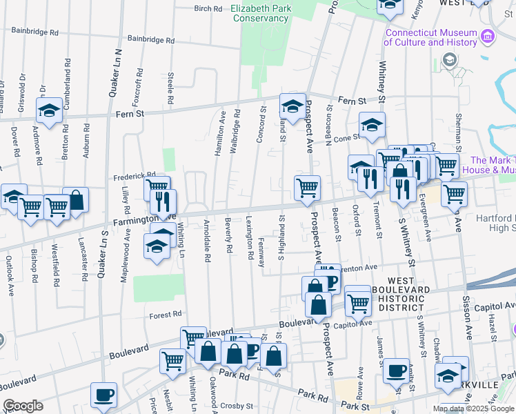 map of restaurants, bars, coffee shops, grocery stores, and more near 4 Concord Street in West Hartford