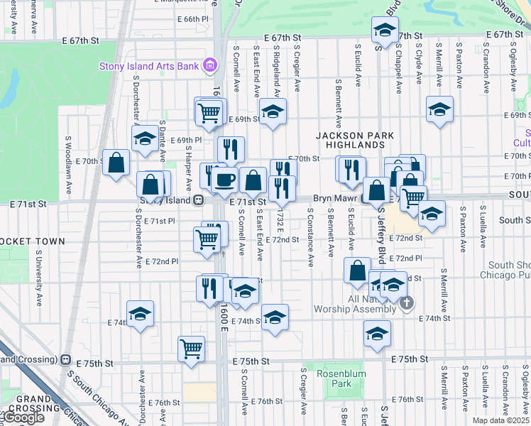 map of restaurants, bars, coffee shops, grocery stores, and more near 1701 East 71st Street in Chicago