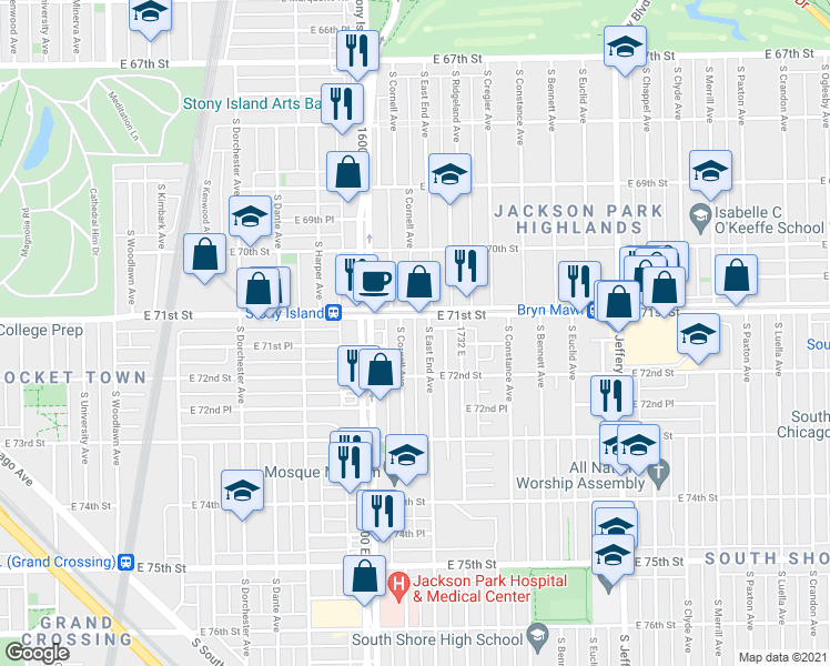 map of restaurants, bars, coffee shops, grocery stores, and more near 1701 East 71st Street in Chicago