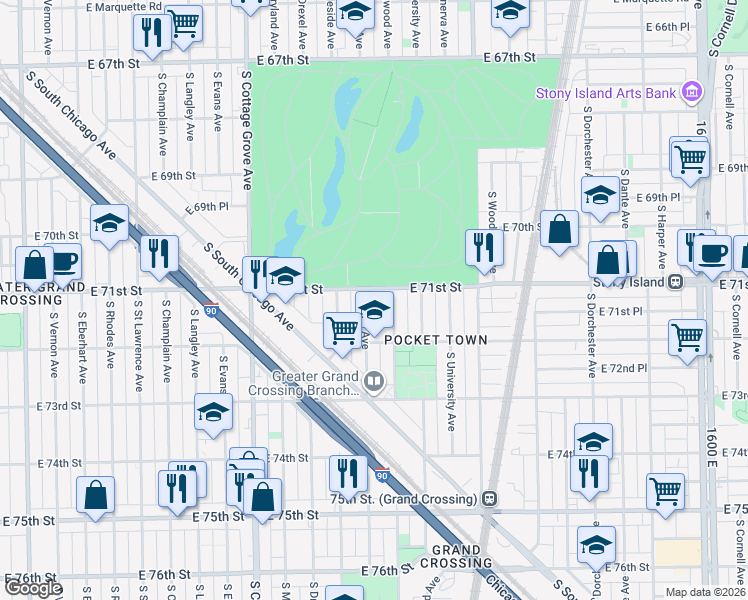 map of restaurants, bars, coffee shops, grocery stores, and more near 7104 South Dobson Avenue in Chicago