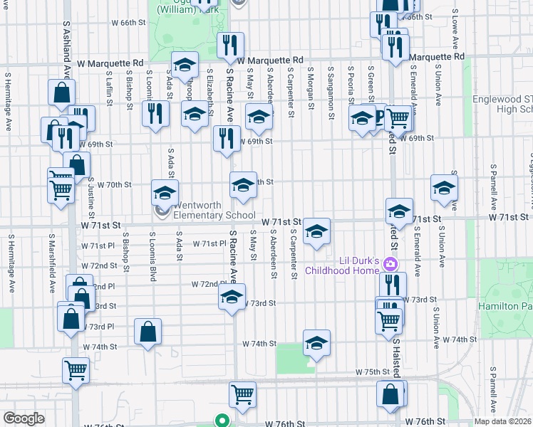 map of restaurants, bars, coffee shops, grocery stores, and more near 7029 South May Street in Chicago