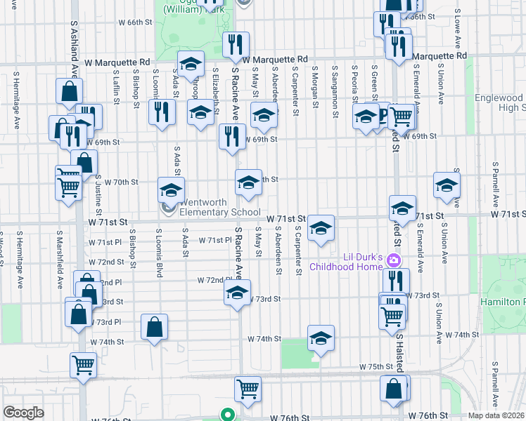 map of restaurants, bars, coffee shops, grocery stores, and more near 7029 South May Street in Chicago