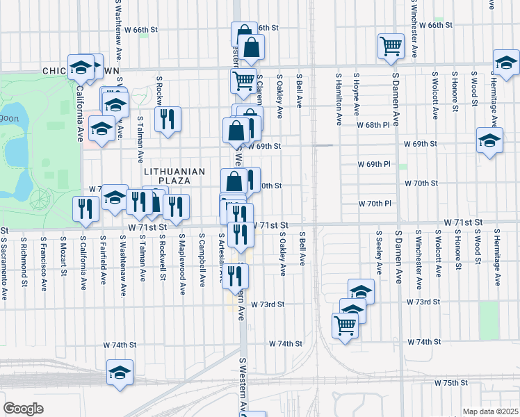 map of restaurants, bars, coffee shops, grocery stores, and more near 7016 South Claremont Avenue in Chicago