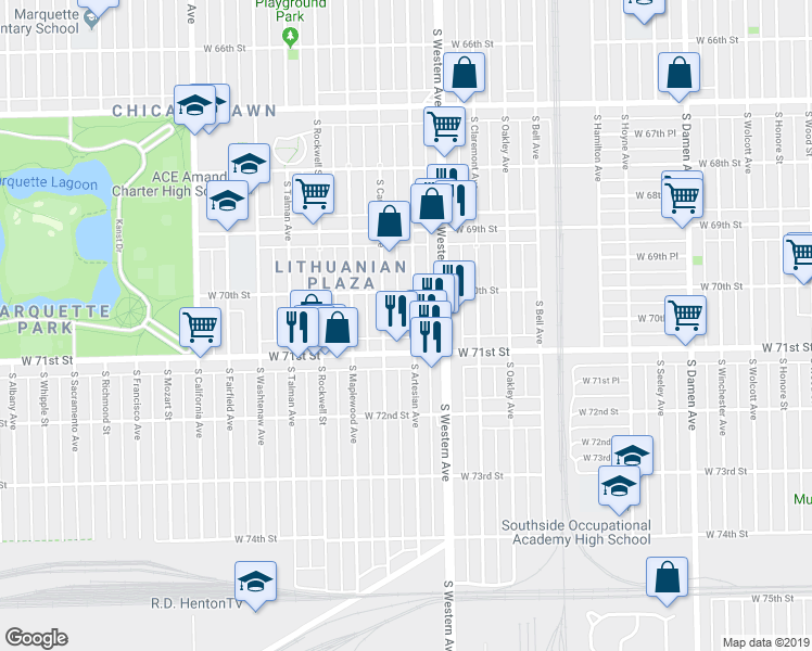 map of restaurants, bars, coffee shops, grocery stores, and more near 7015 South Campbell Avenue in Chicago