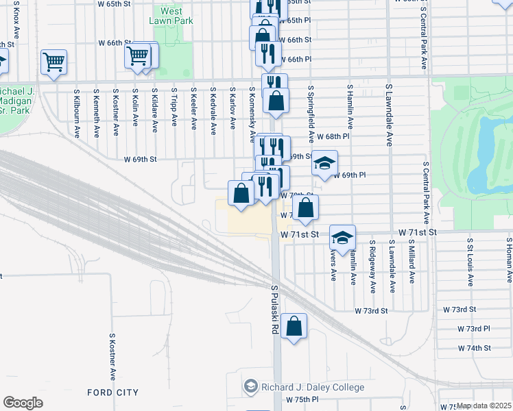 map of restaurants, bars, coffee shops, grocery stores, and more near 6958 South Pulaski Road in Chicago