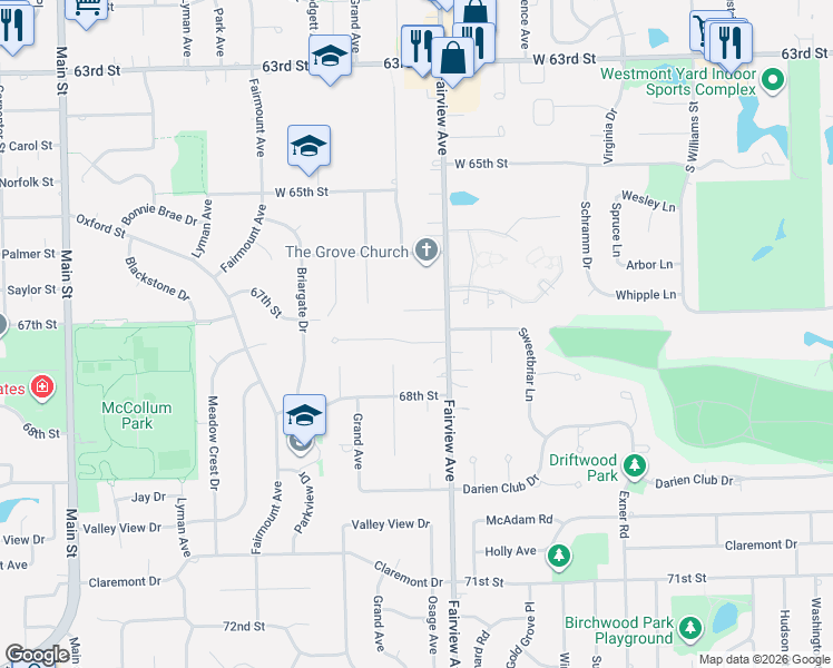 map of restaurants, bars, coffee shops, grocery stores, and more near 405 Atwood Court in Downers Grove