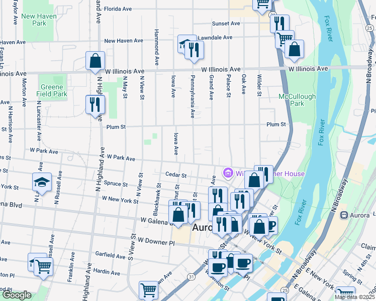 map of restaurants, bars, coffee shops, grocery stores, and more near 438 Pennsylvania Avenue in Aurora