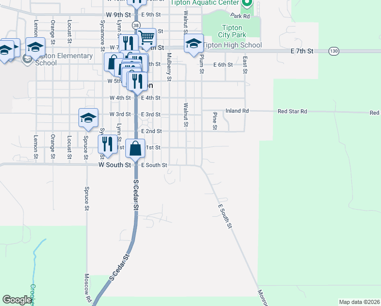 map of restaurants, bars, coffee shops, grocery stores, and more near E 1st St in Tipton