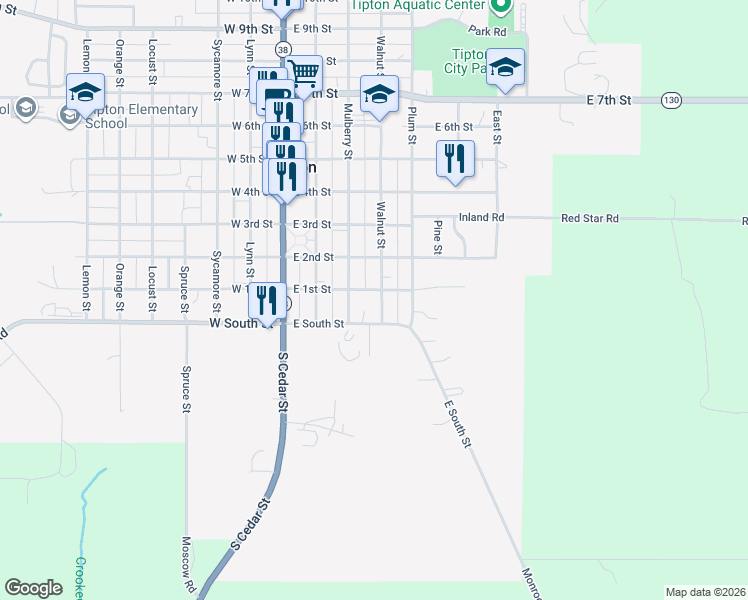map of restaurants, bars, coffee shops, grocery stores, and more near E 1st St in Tipton