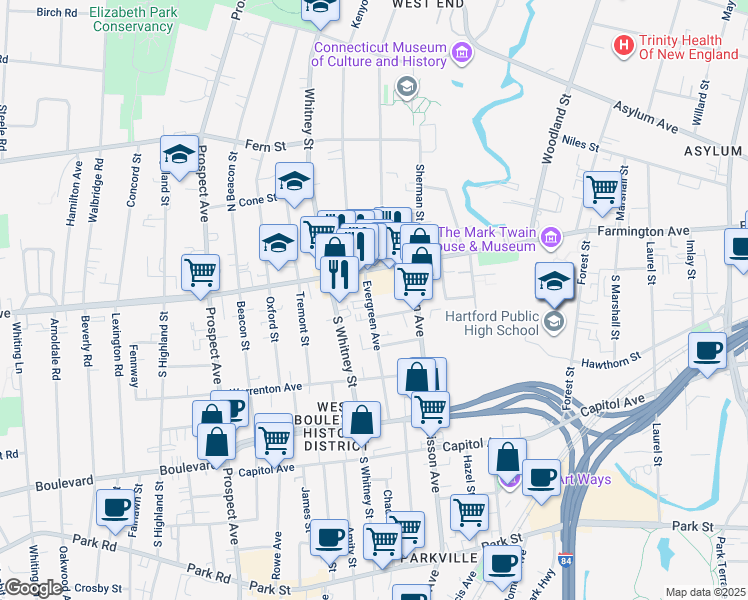 map of restaurants, bars, coffee shops, grocery stores, and more near 30 Evergreen Avenue in Hartford