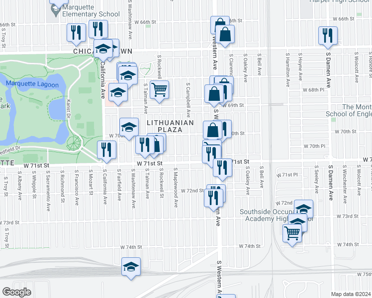 map of restaurants, bars, coffee shops, grocery stores, and more near 7030 South Campbell Avenue in Chicago