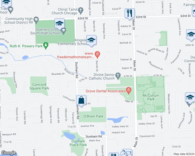 map of restaurants, bars, coffee shops, grocery stores, and more near 6710 Barrett Street in Downers Grove