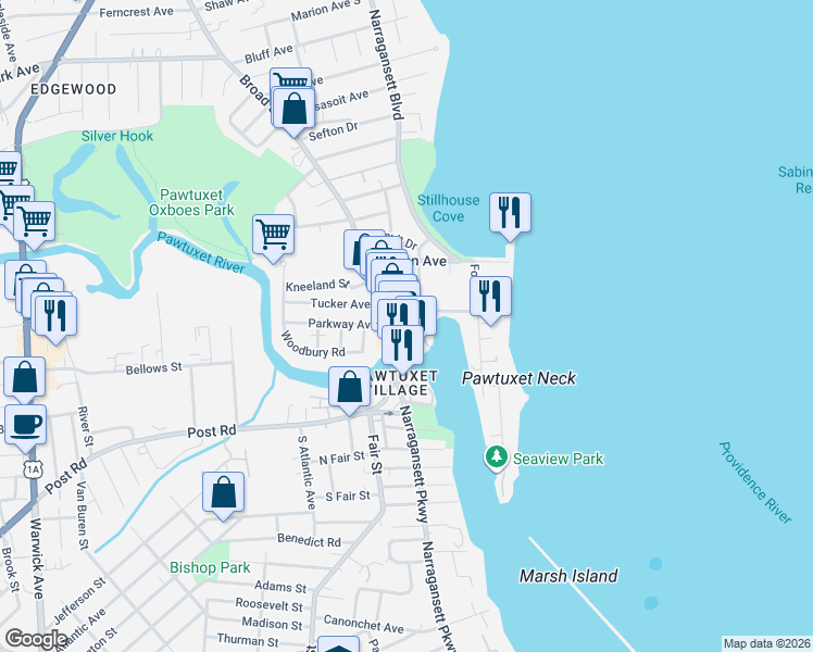 map of restaurants, bars, coffee shops, grocery stores, and more near 34 Commercial Street in Cranston