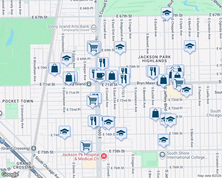 map of restaurants, bars, coffee shops, grocery stores, and more near 1701 East 71st Street in Chicago