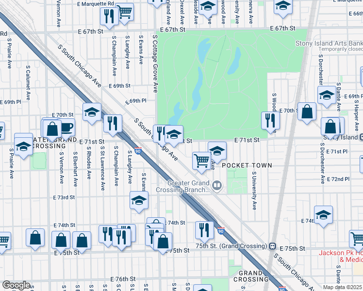 map of restaurants, bars, coffee shops, grocery stores, and more near 7108 South Drexel Avenue in Chicago