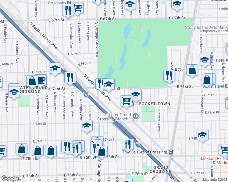map of restaurants, bars, coffee shops, grocery stores, and more near 7108 South Drexel Avenue in Chicago