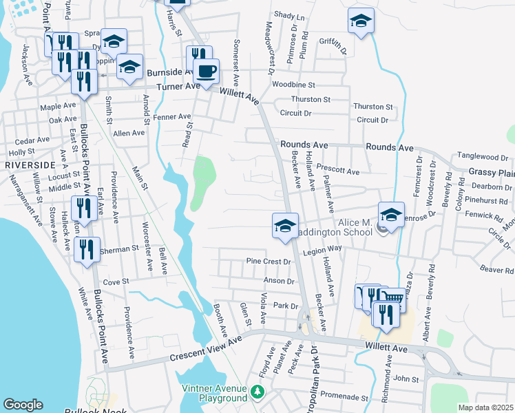 map of restaurants, bars, coffee shops, grocery stores, and more near 31 Winthrop Street in East Providence
