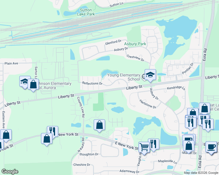 map of restaurants, bars, coffee shops, grocery stores, and more near 2399 Reflections Drive in Aurora