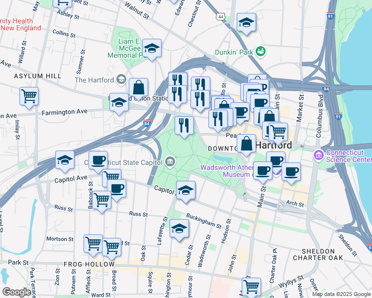 map of restaurants, bars, coffee shops, grocery stores, and more near 1 Jewell Street in Hartford