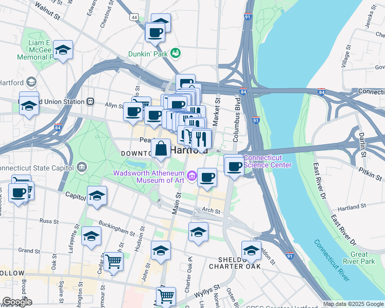 map of restaurants, bars, coffee shops, grocery stores, and more near in Hartford