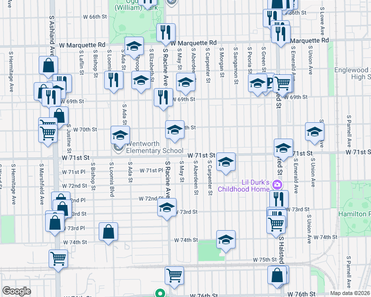 map of restaurants, bars, coffee shops, grocery stores, and more near 7029 South May Street in Chicago