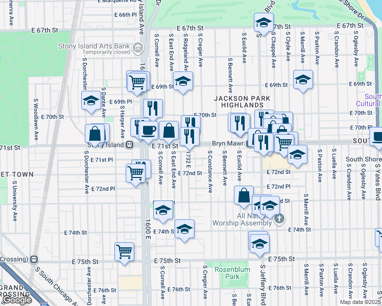 map of restaurants, bars, coffee shops, grocery stores, and more near 7109 South Ridgeland Avenue in Chicago