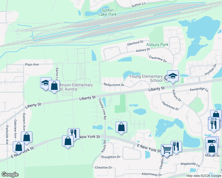 map of restaurants, bars, coffee shops, grocery stores, and more near 2261 Reflections Drive in Aurora