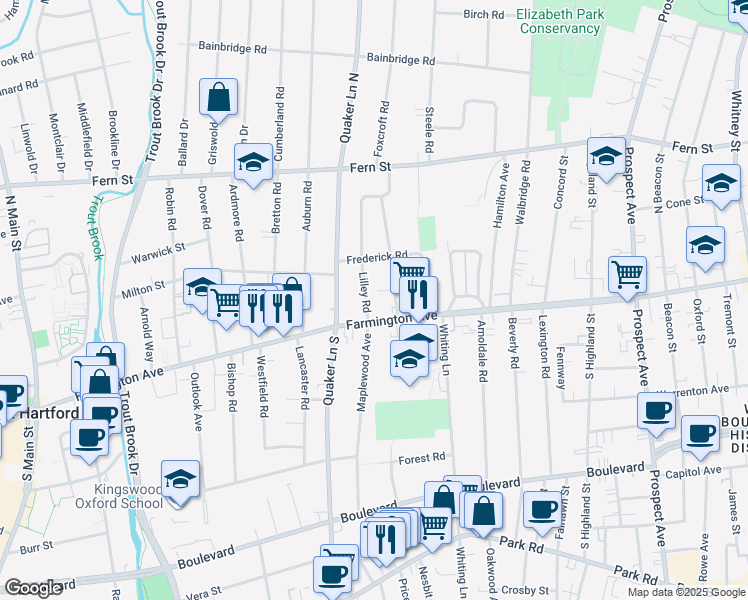 map of restaurants, bars, coffee shops, grocery stores, and more near in Hartford