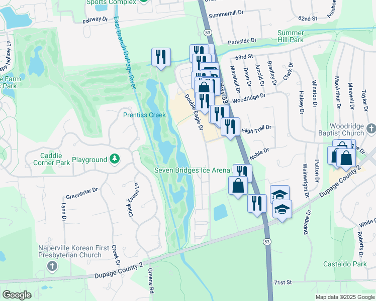 map of restaurants, bars, coffee shops, grocery stores, and more near 6530 Double Eagle Drive in Woodridge