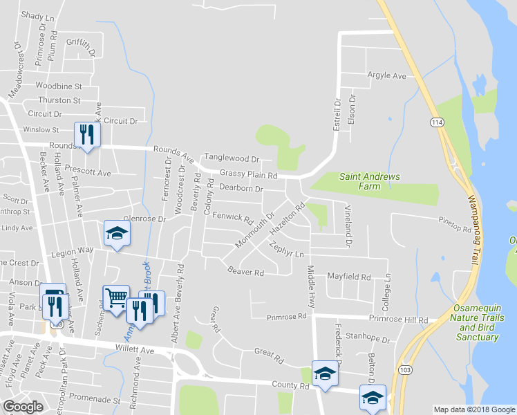 map of restaurants, bars, coffee shops, grocery stores, and more near 59 Pinehurst Road in East Providence