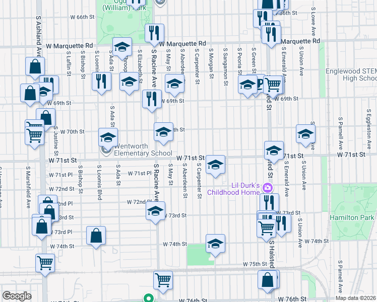 map of restaurants, bars, coffee shops, grocery stores, and more near 7028 South Carpenter Street in Chicago