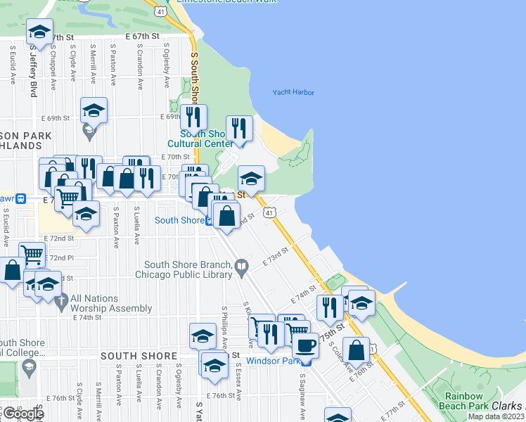 map of restaurants, bars, coffee shops, grocery stores, and more near 7200 South South Shore Drive in Chicago
