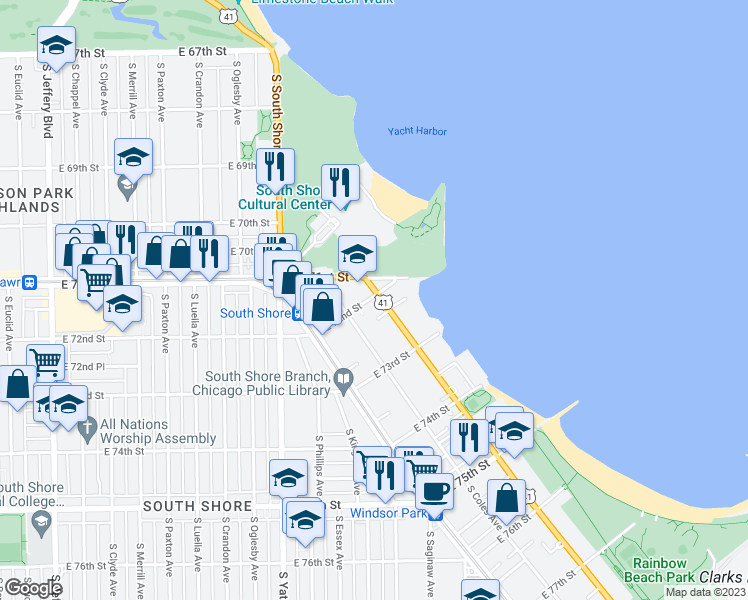 map of restaurants, bars, coffee shops, grocery stores, and more near 2535 East 72nd Street in Chicago