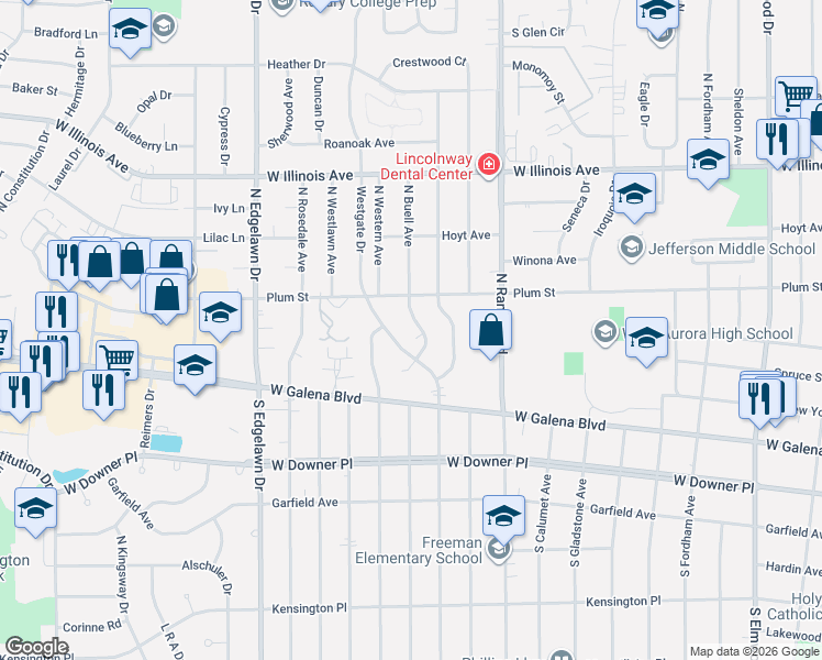 map of restaurants, bars, coffee shops, grocery stores, and more near 309 North Buell Avenue in Aurora