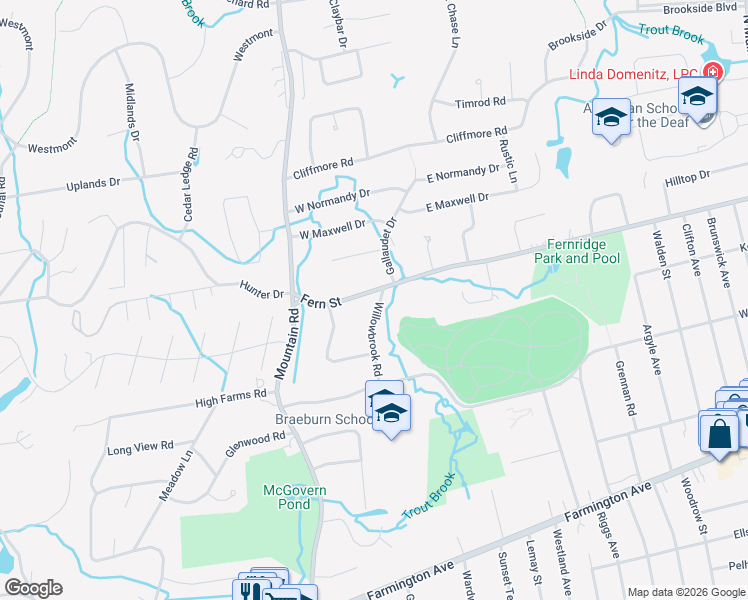 map of restaurants, bars, coffee shops, grocery stores, and more near 672 Fern Street in West Hartford
