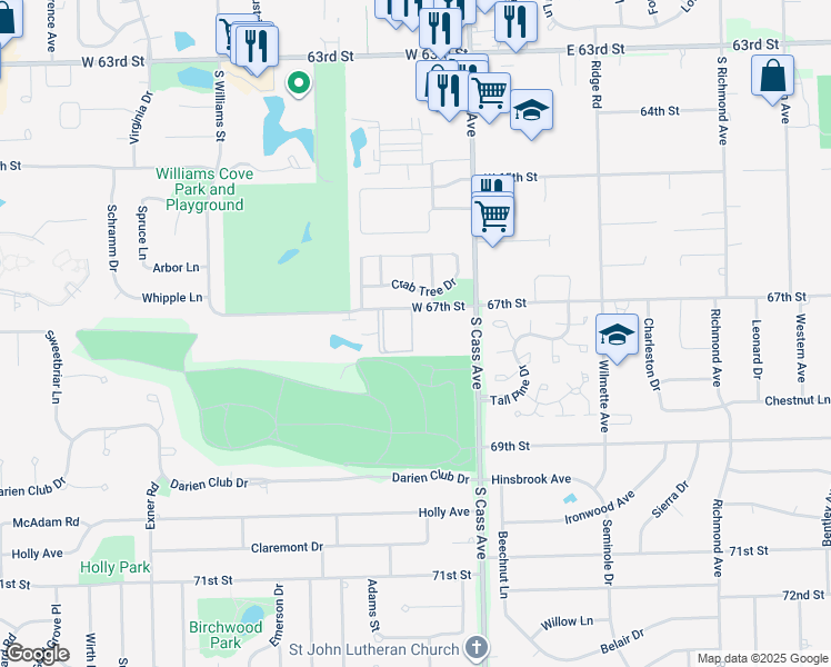 map of restaurants, bars, coffee shops, grocery stores, and more near 6715 Lake Shore Drive in Westmont