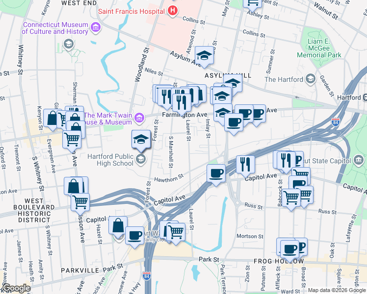 map of restaurants, bars, coffee shops, grocery stores, and more near 221 Laurel Street in Hartford