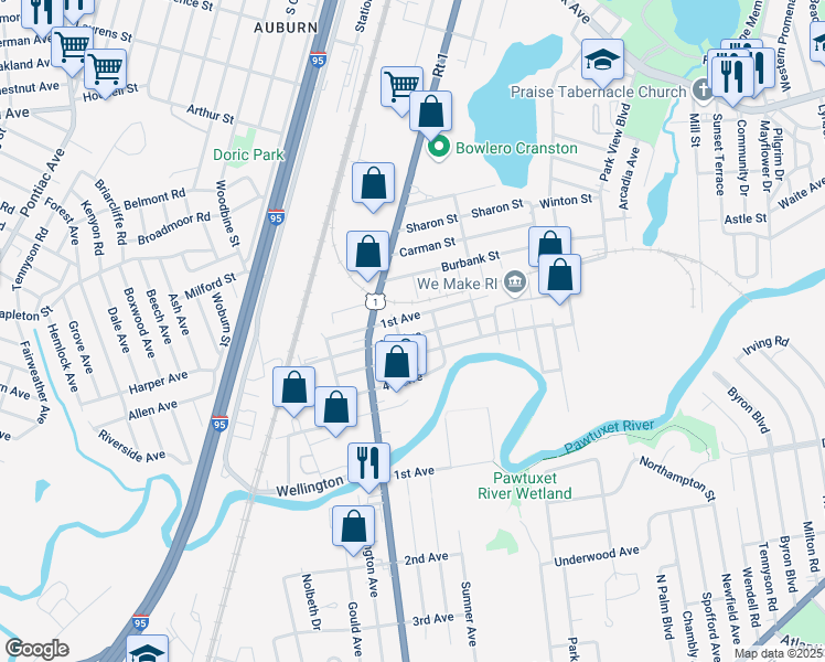 map of restaurants, bars, coffee shops, grocery stores, and more near 92 2nd Avenue in Cranston
