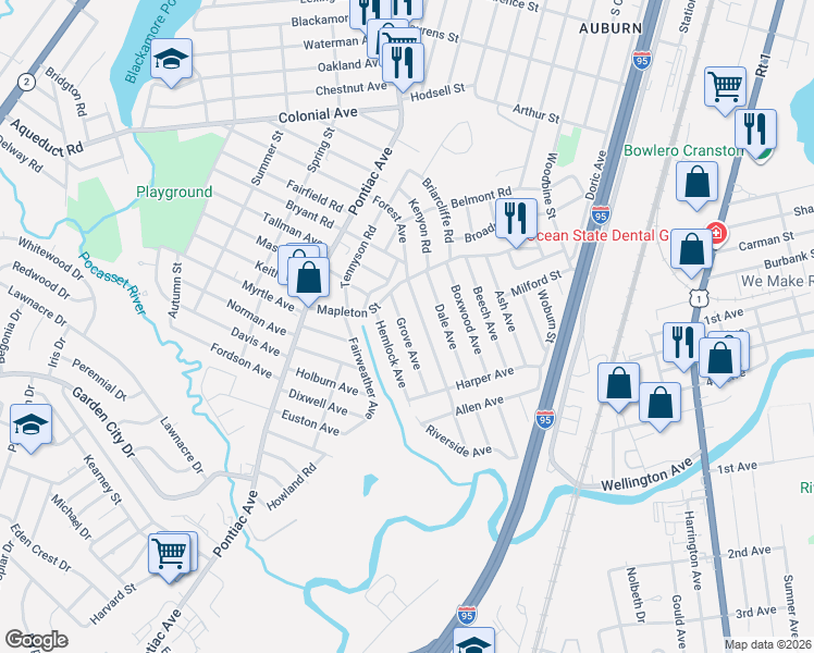map of restaurants, bars, coffee shops, grocery stores, and more near 120 Forest Avenue in Cranston