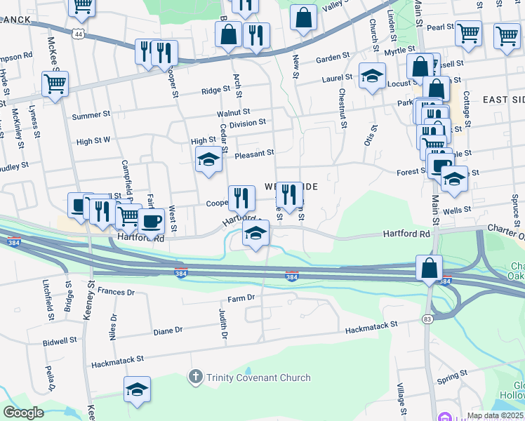 map of restaurants, bars, coffee shops, grocery stores, and more near 210 Pine Street in Manchester