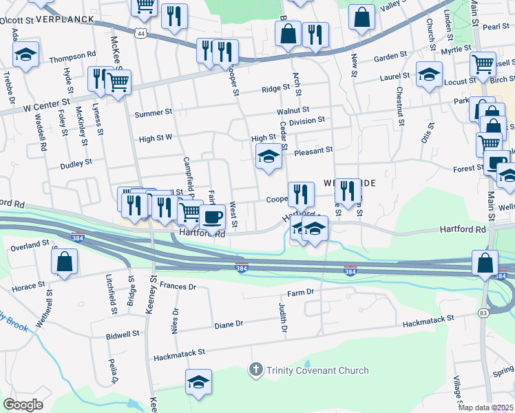 map of restaurants, bars, coffee shops, grocery stores, and more near 109 Cooper Hill Street in Manchester