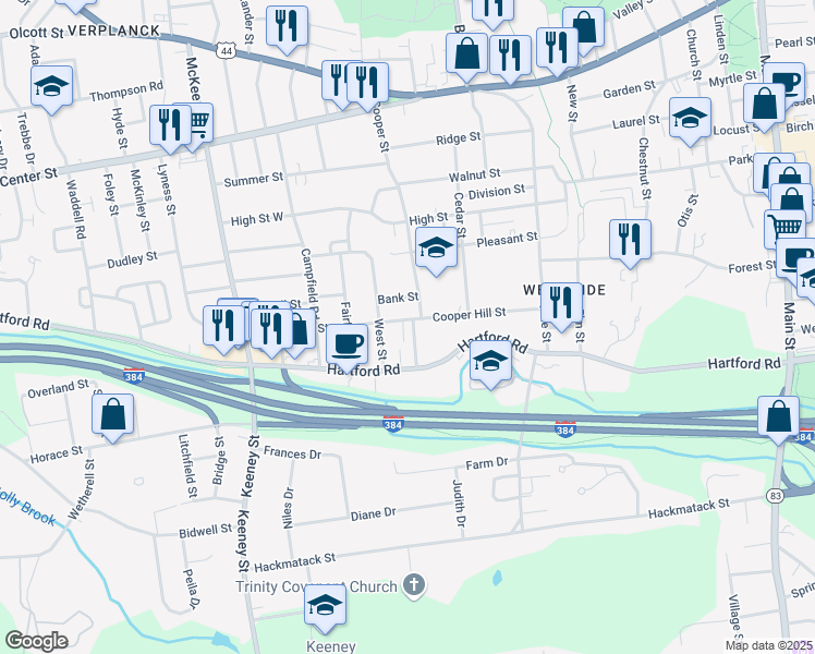 map of restaurants, bars, coffee shops, grocery stores, and more near 109 Cooper Hill Street in Manchester