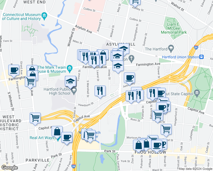 map of restaurants, bars, coffee shops, grocery stores, and more near 39 Imlay Street in Hartford