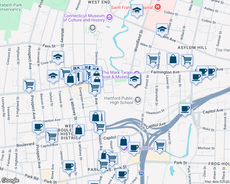 map of restaurants, bars, coffee shops, grocery stores, and more near 25 Owen Street in Hartford