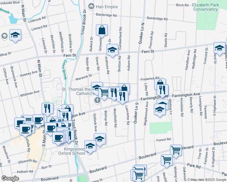map of restaurants, bars, coffee shops, grocery stores, and more near 59 Milton Street in West Hartford