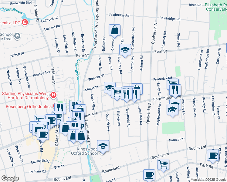 map of restaurants, bars, coffee shops, grocery stores, and more near 55 Ardmore Road in West Hartford